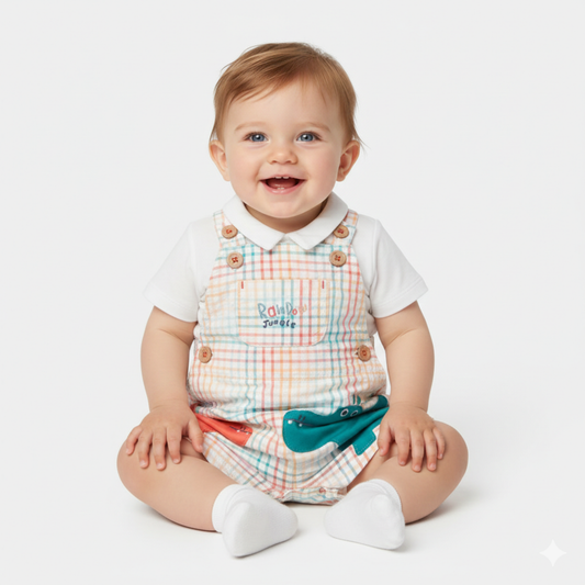 Conjunto de Jardineiras "Rainbow Jungle" e Polo – Frescura e Estilo para Bebé