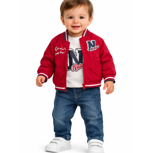 Conjunto 3 Peças: Casaco Estilo Americano Vermelho, T-shirt e Calças de Ganga