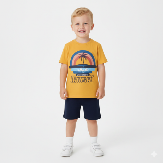 Conjunto de Verão para Criança Amarelo e Azul “Welcome to Hawaii” | T-Shirt + Calções
