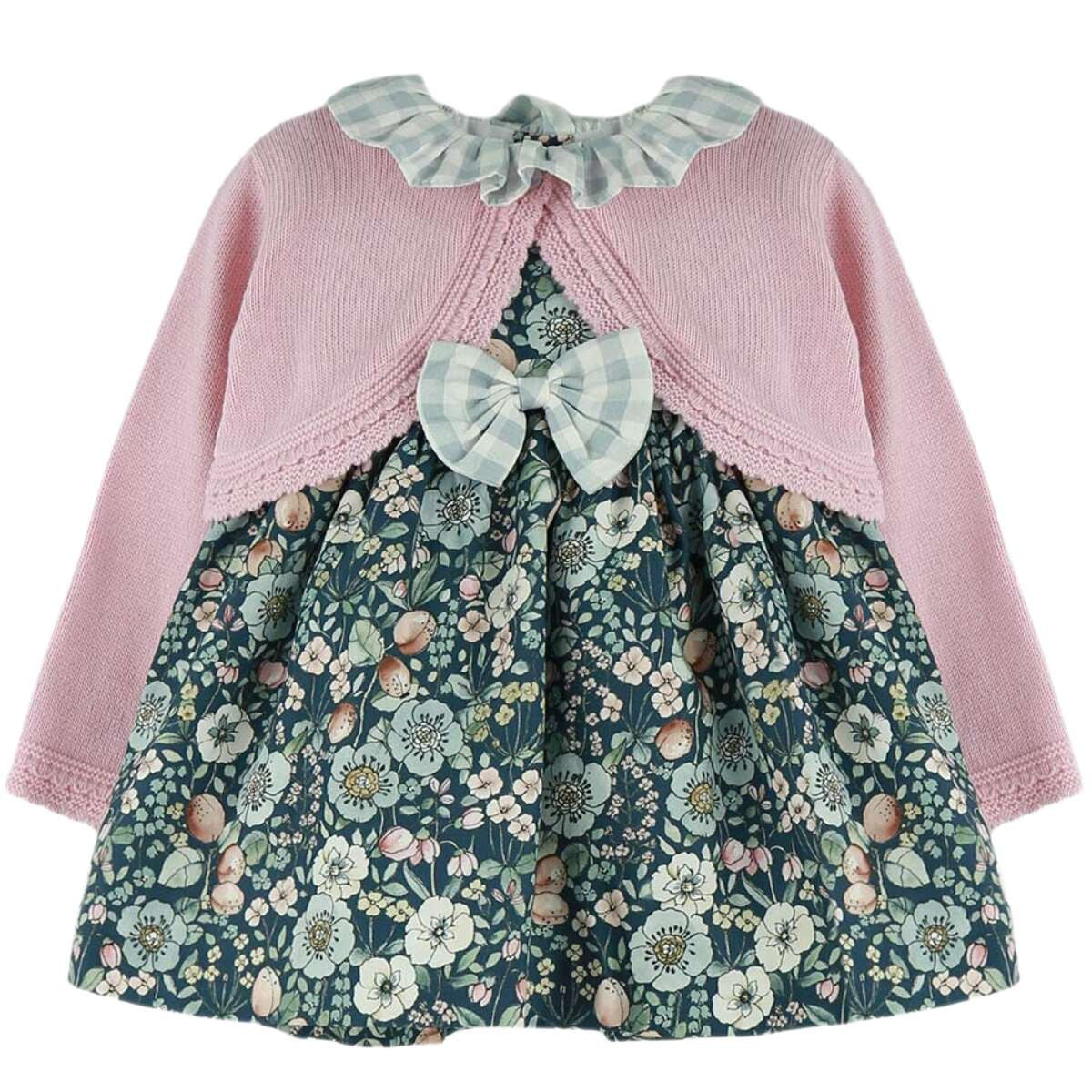 Vestido Floral com Casaco de Malha Rosa Incorporado