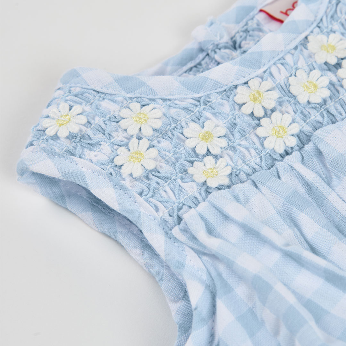 Vestido Vichy Azul com Flores e Tapa-fraldas