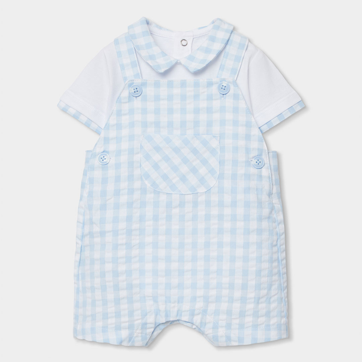Conjunto de Jardineiras Vichy Azul e Branco e Body