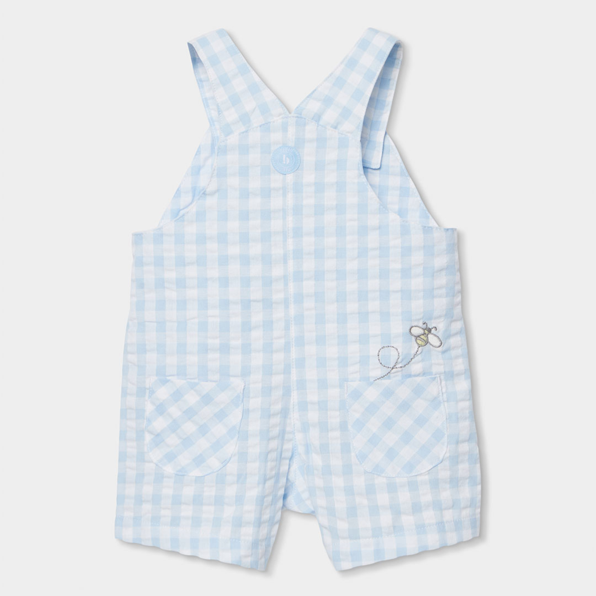 Conjunto de Jardineiras Vichy Azul e Branco e Body
