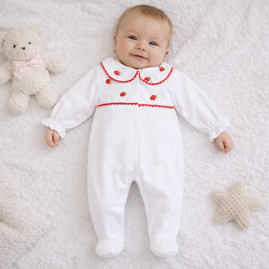 Babygrow em Algodão para Bebé e Recém-Nascido - Branco com Morangos