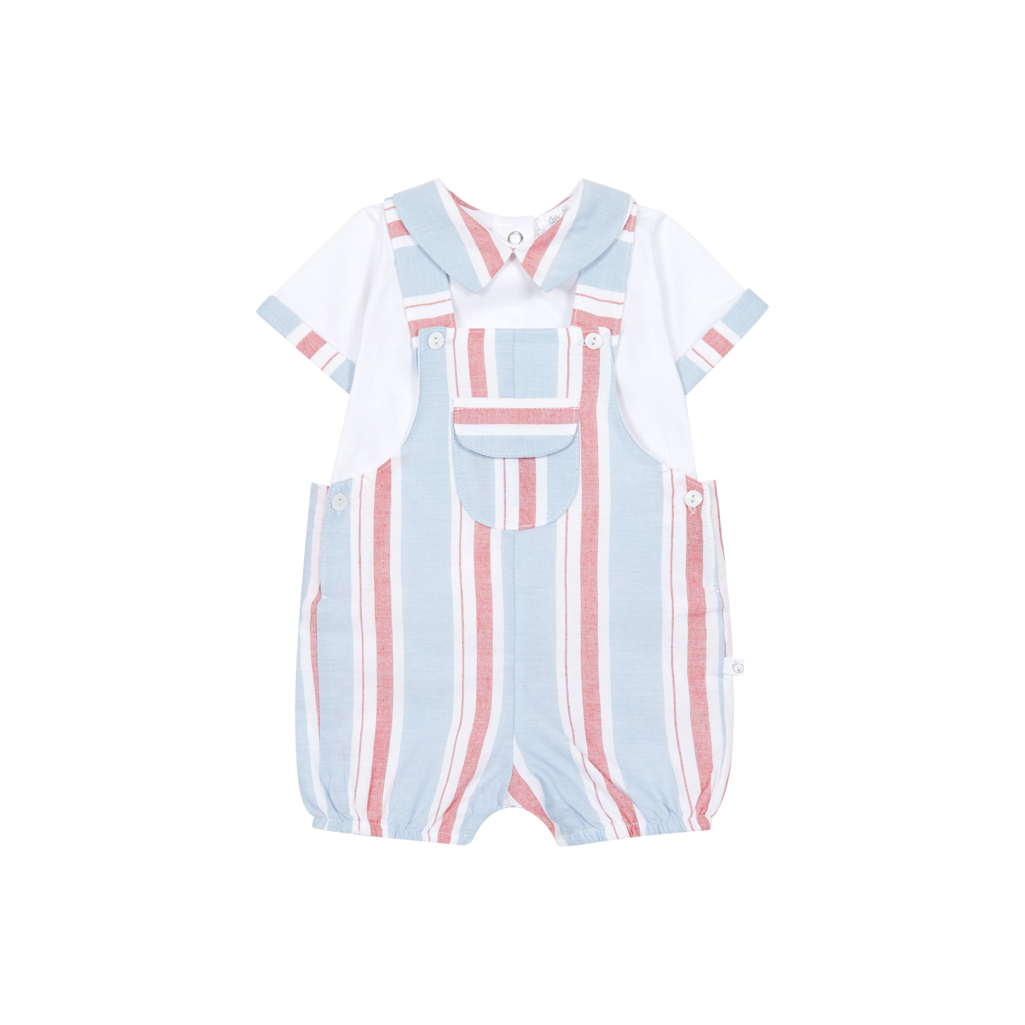 Conjunto Jardineira às Riscas Vermelho e Branco Menino