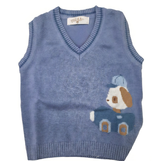 Colete de Malha Branco/ Azul com Bordado de Carrinho