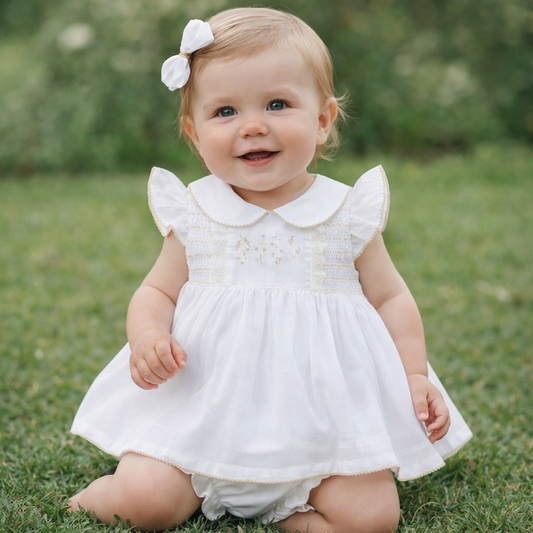 Vestido com Tapa Fraldas em Algodão para Bebé Menina - Branco