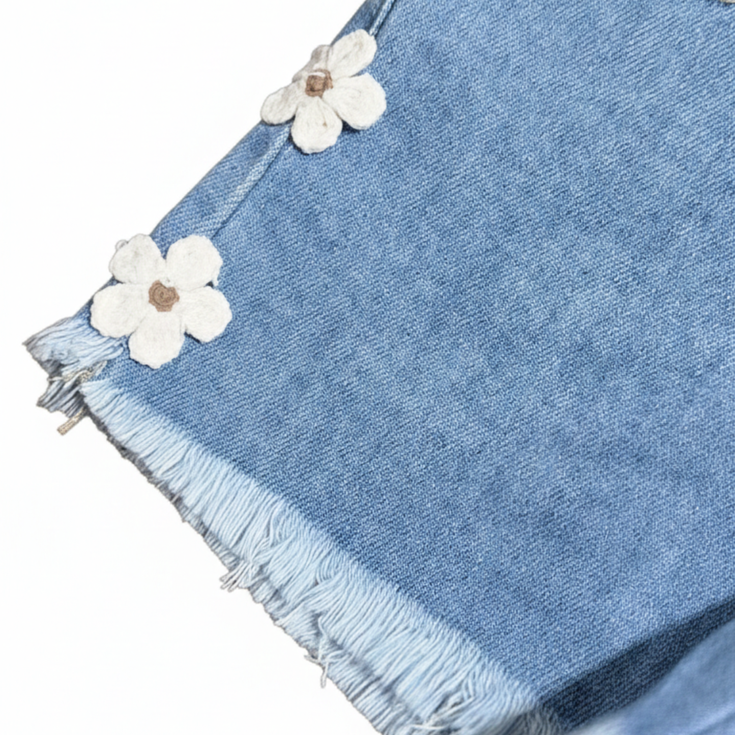 Calções de Ganga com Flores Bordadas para Menina