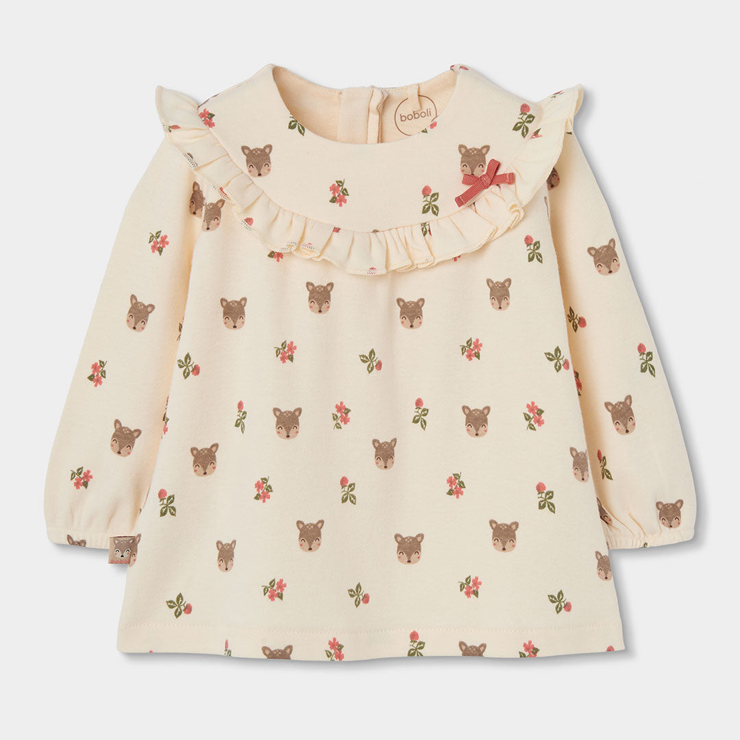 Vestido Cru Estampado Veados e Flores