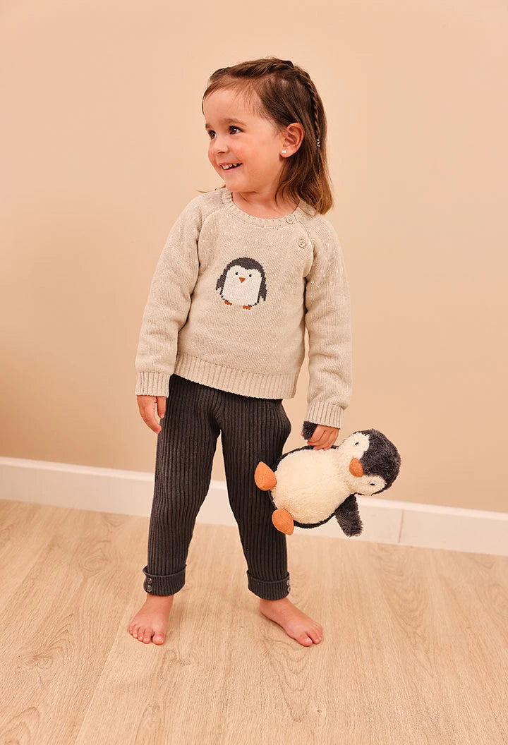Conjunto de Malha Camisola Pinguim e Calças Caneladas