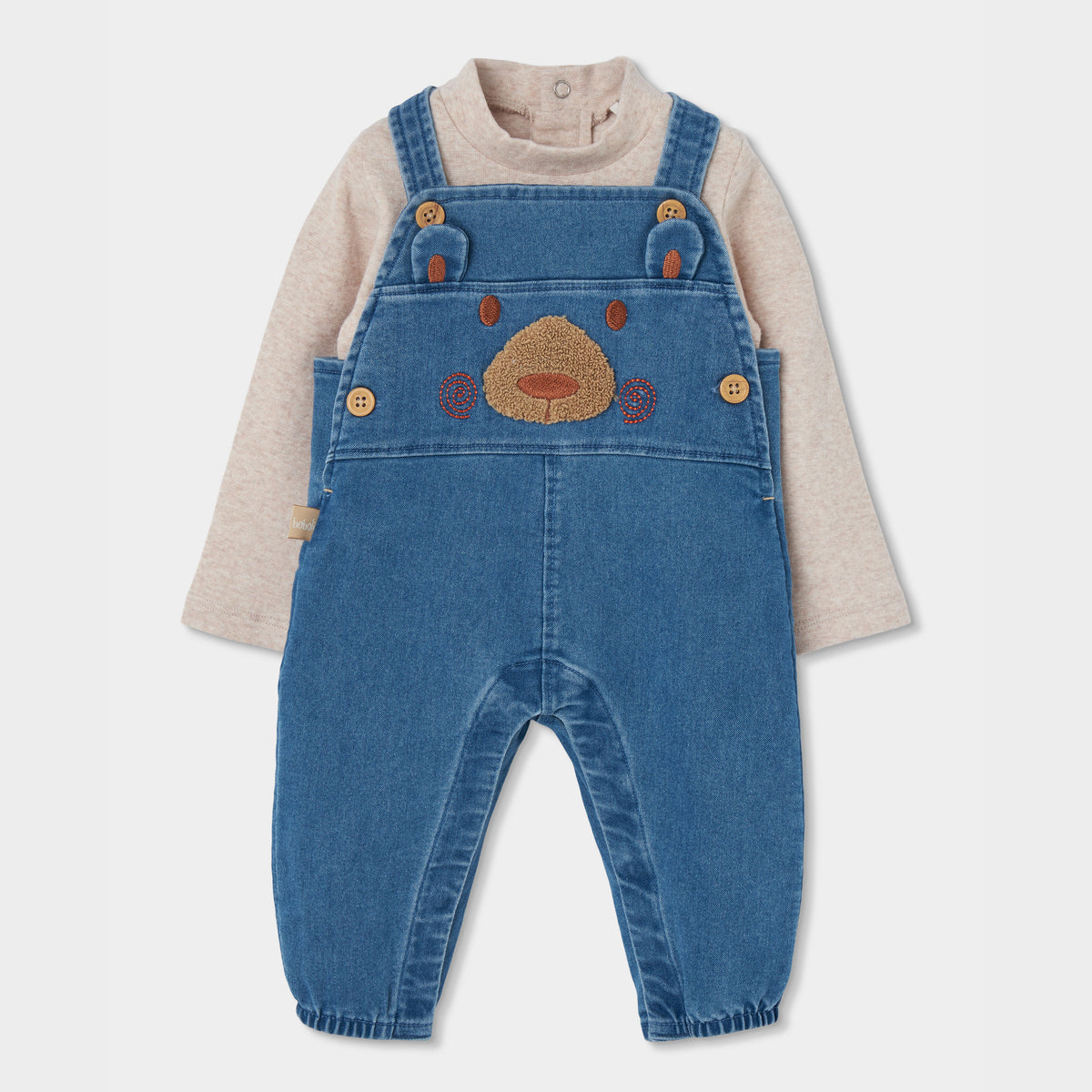 Conjunto Jardineiras de Ganga Urso e Body Bege