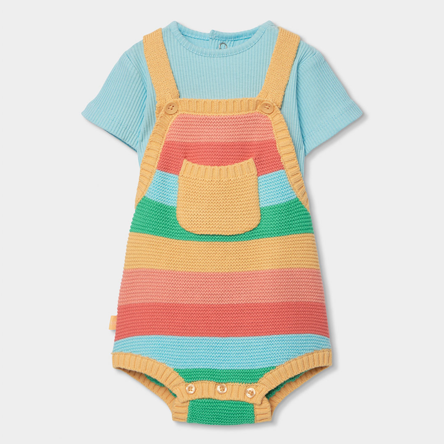 Conjunto de Jardineiras em Malha às Riscas e T-shirt – Conforto e Cor para Bebé