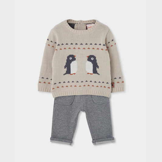 Conjunto de Malha Bege Com Pinguins