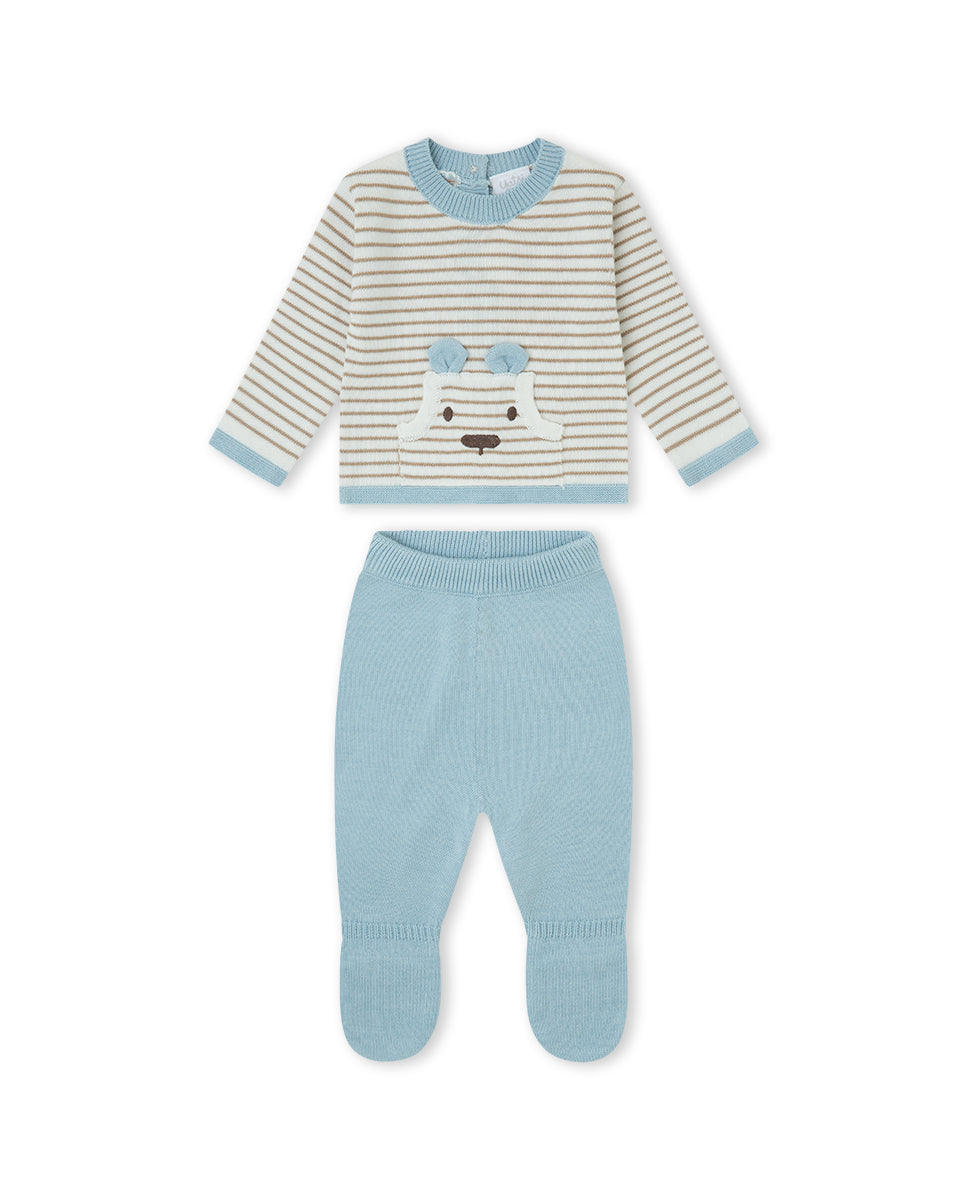 Conjunto de Malha Às Riscas com Bolso Ursinho