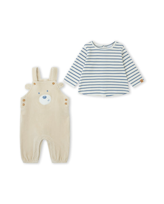Conjunto Jardineira Urso e Camisola Riscas