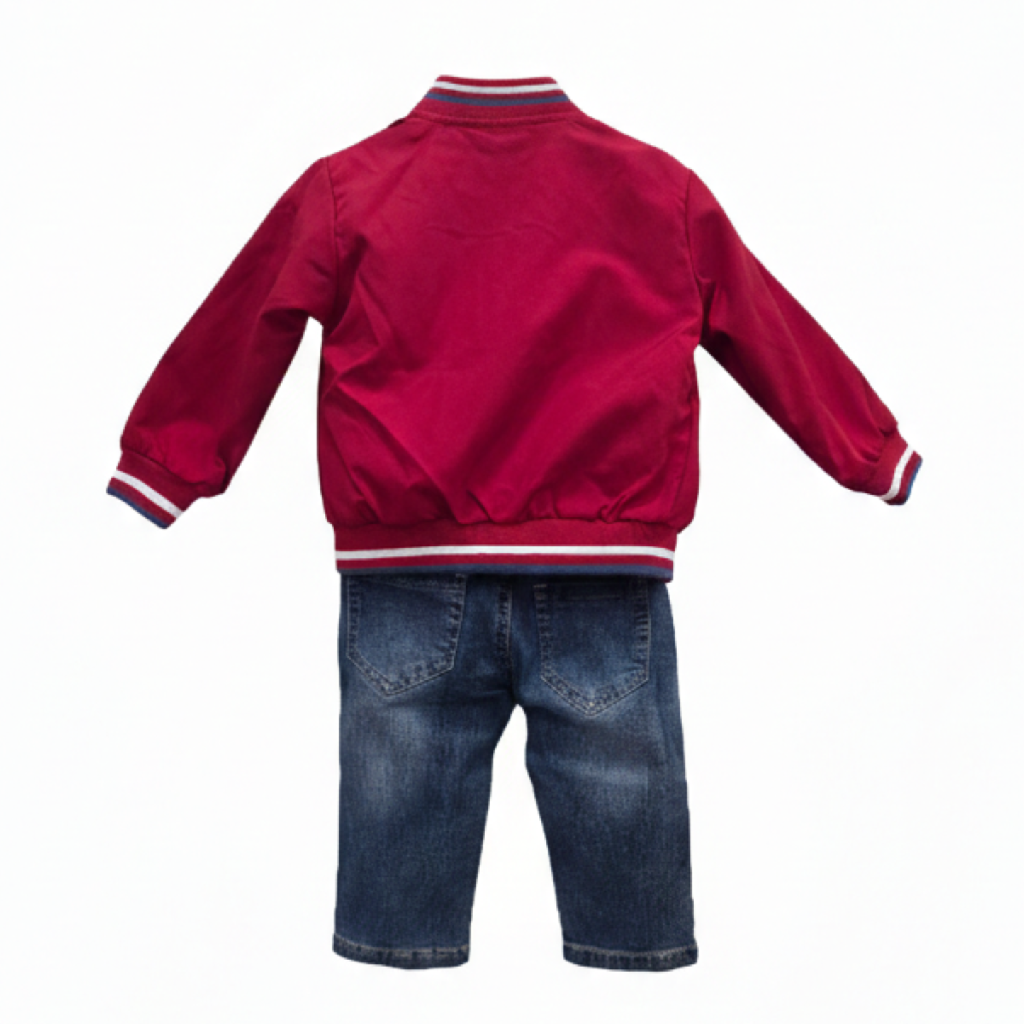 Conjunto 3 Peças: Casaco Estilo Americano Vermelho, T-shirt e Calças de Ganga