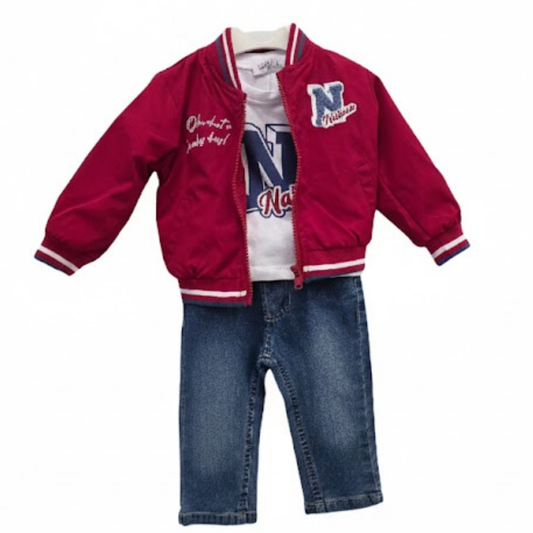 Conjunto 3 Peças: Casaco Estilo Americano Vermelho, T-shirt e Calças de Ganga