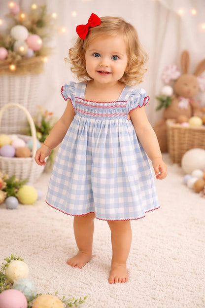 Vestido com Tapa Fraldas em Algodão Vichy Azul e Branco