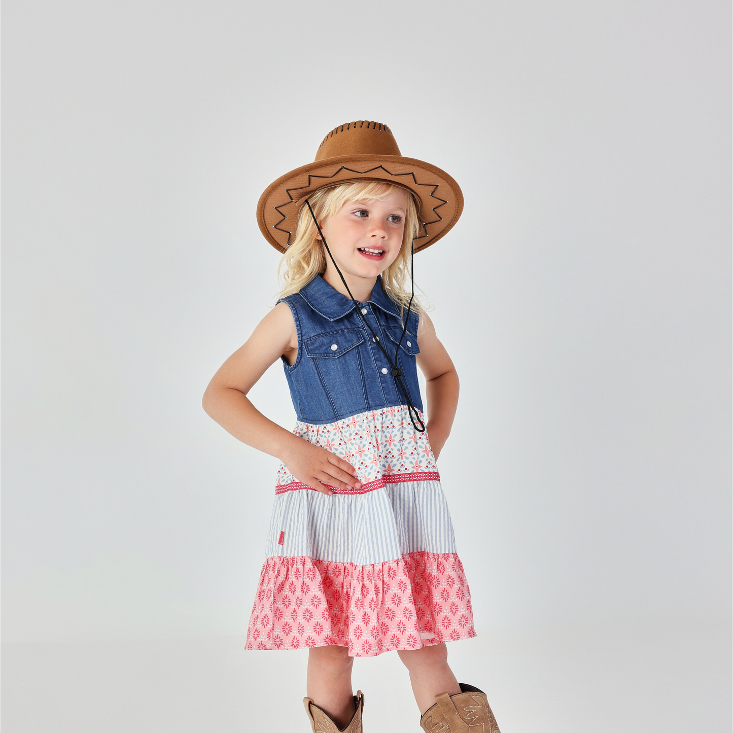 Vestido Combinado em Ganga e Saia de Folhos