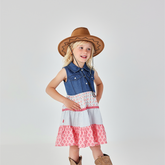 Vestido Combinado em Ganga e Saia de Folhos