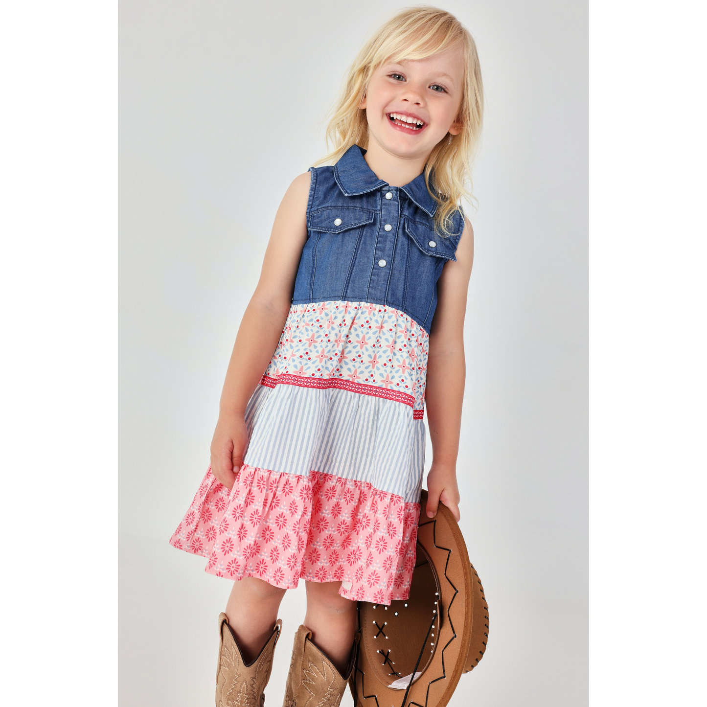 Vestido Combinado em Ganga e Saia de Folhos