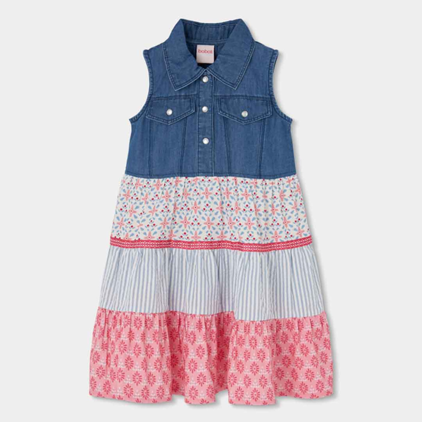 Vestido Combinado em Ganga e Saia de Folhos