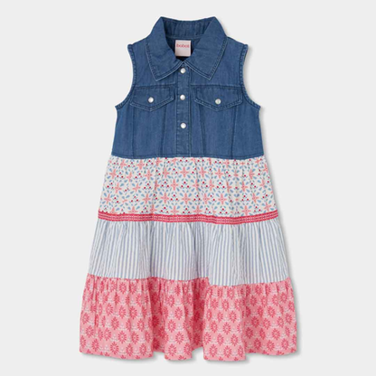 Vestido Combinado em Ganga e Saia de Folhos