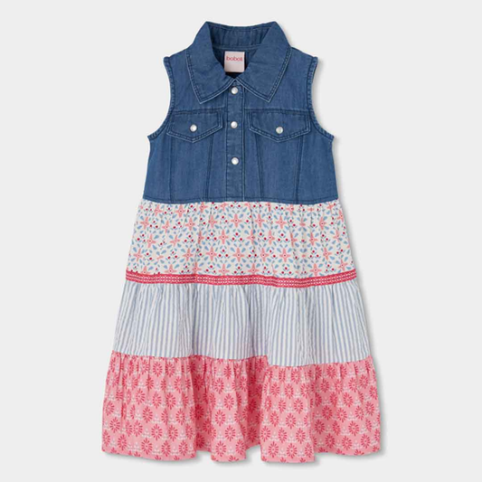 Vestido Combinado em Ganga e Saia de Folhos