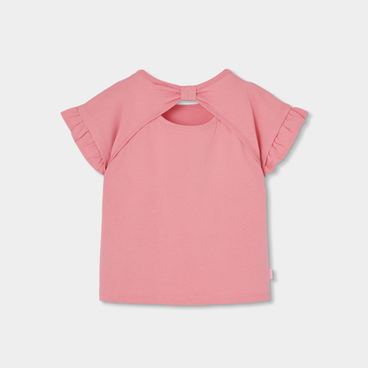 T-shirt com Bordado Floral e Folhos Rosa