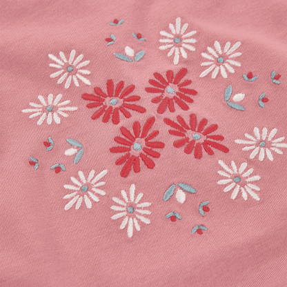 T-shirt com Bordado Floral e Folhos Rosa