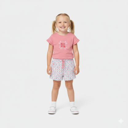 T-shirt com Bordado Floral e Folhos Rosa