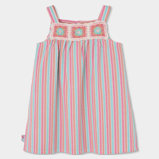 Vestido Infantil às Riscas com Detalhe em Croché – Rosa e Azul