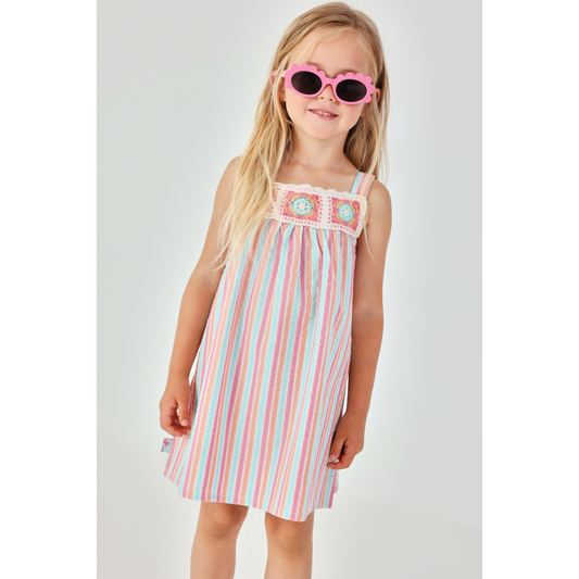 Vestido Infantil às Riscas com Detalhe em Croché – Rosa e Azul