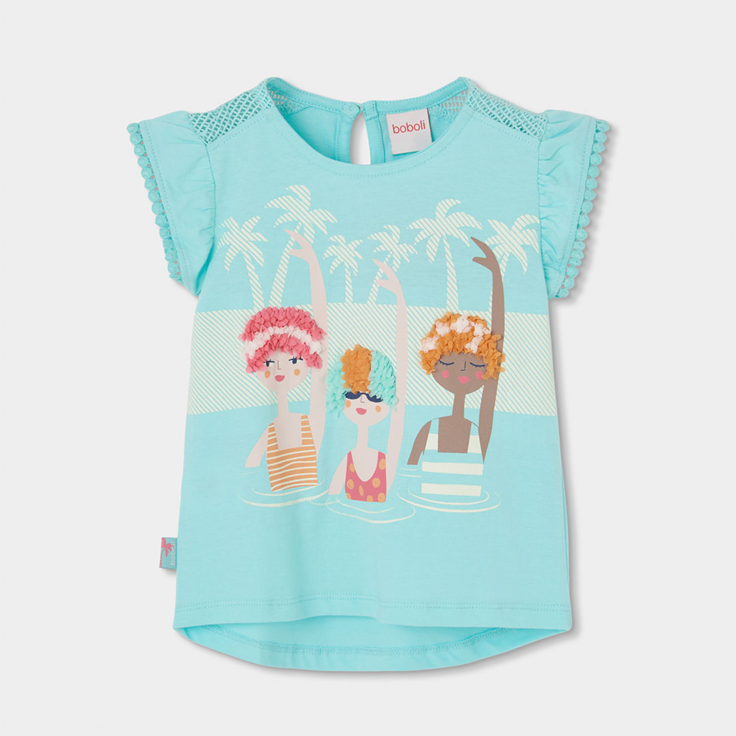 T-shirt Infantil Azul Turquesa com Estampado Verão e Aplicações – Confortável e Fresca