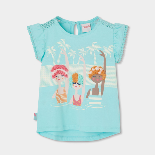 T-shirt Infantil Azul Turquesa com Estampado Verão e Aplicações – Confortável e Fresca