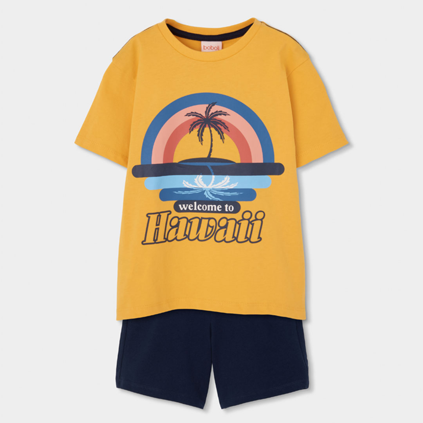 Conjunto de Verão para Criança Amarelo e Azul “Welcome to Hawaii” | T-Shirt + Calções
