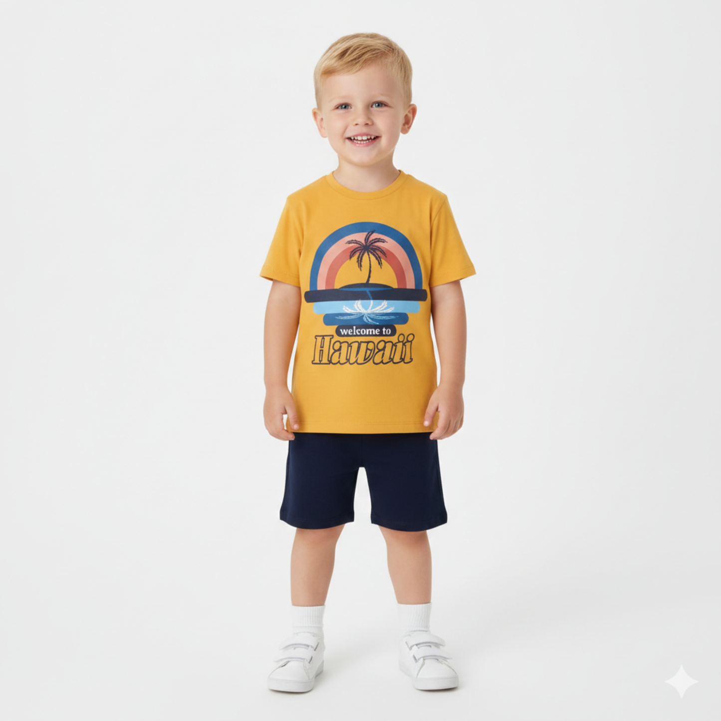 Conjunto de Verão para Criança Amarelo e Azul “Welcome to Hawaii” | T-Shirt + Calções