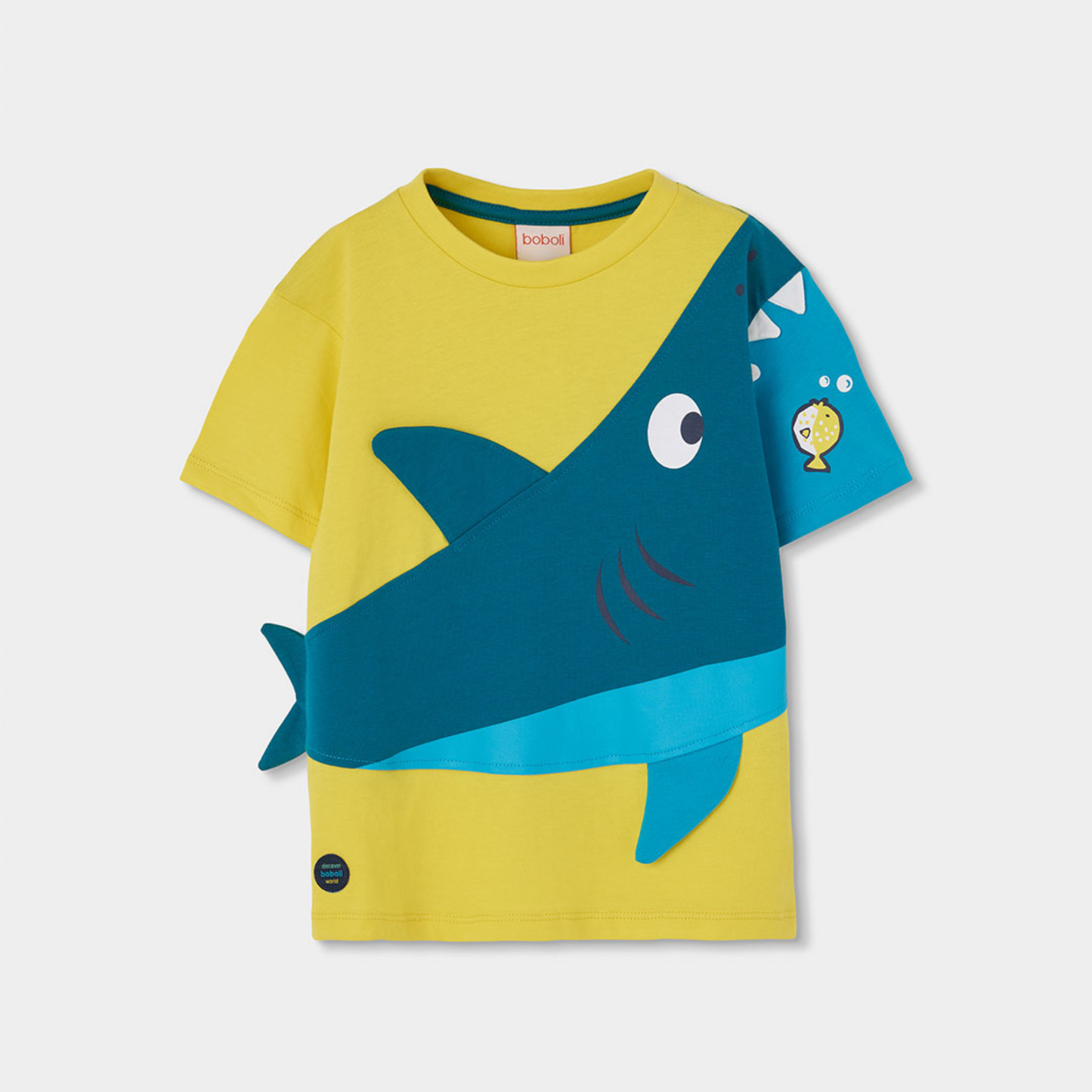 T-shirt Amarela para Menino com Aplique de Tubarão 3D