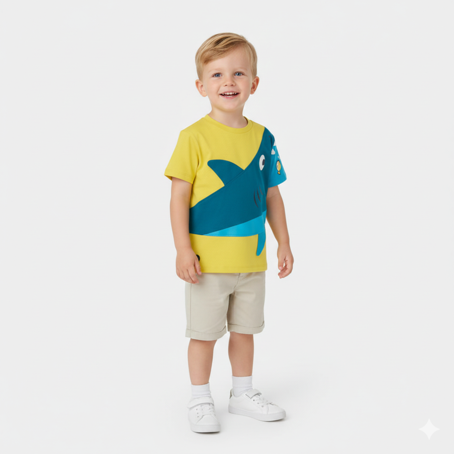 T-shirt Amarela para Menino com Aplique de Tubarão 3D