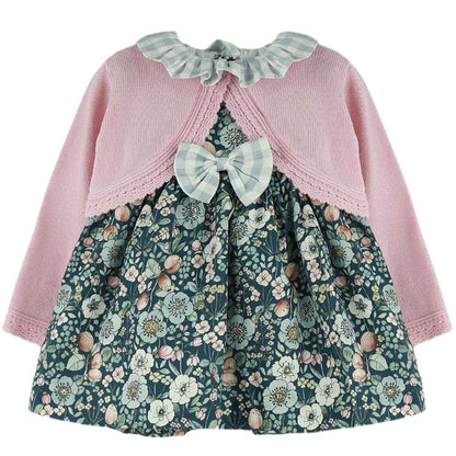 Vestido Floral com Casaco de Malha Rosa Incorporado
