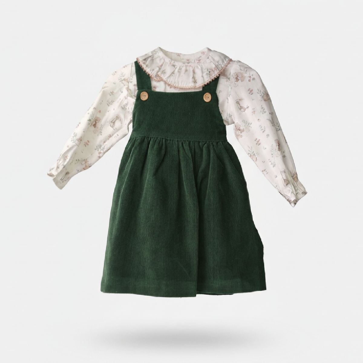 Conjunto de saia/jardineira e camisa com folho em algodão