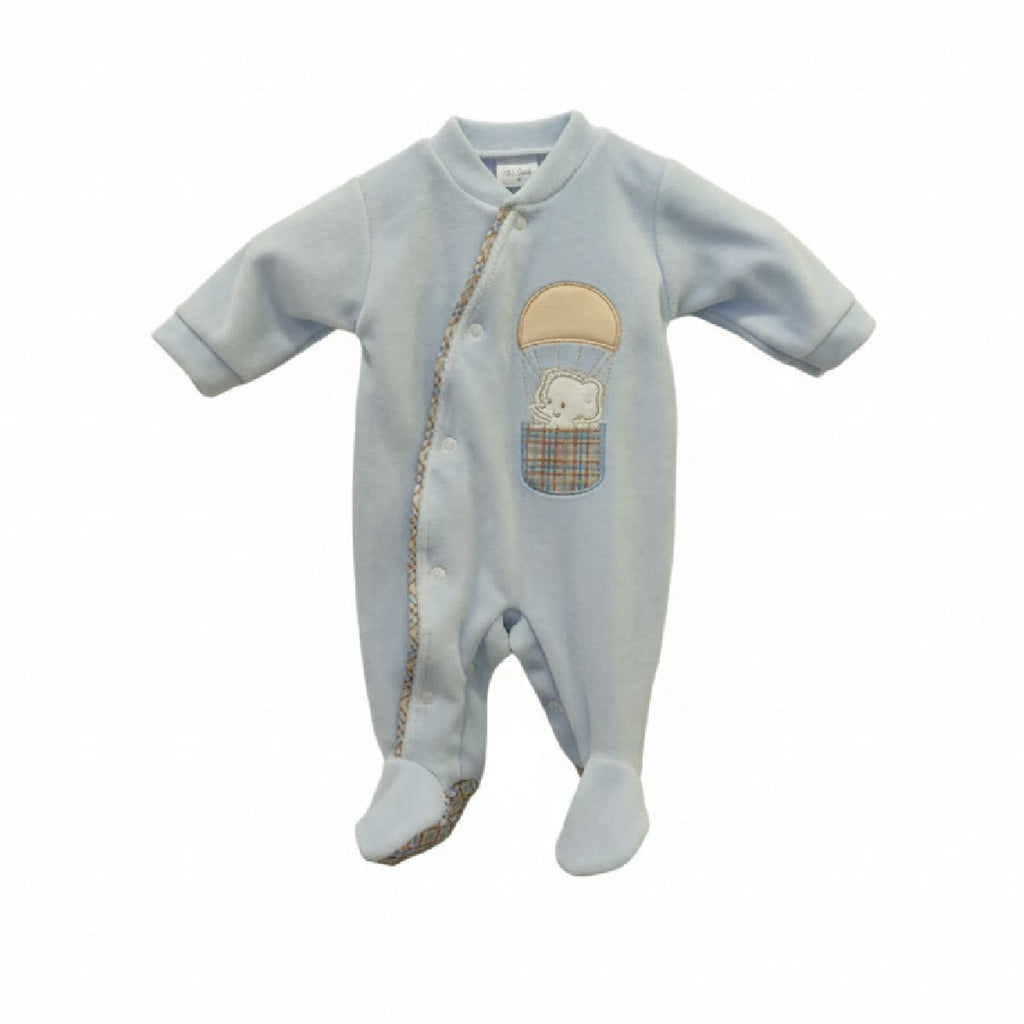 Babygrow em veludo azul elefante