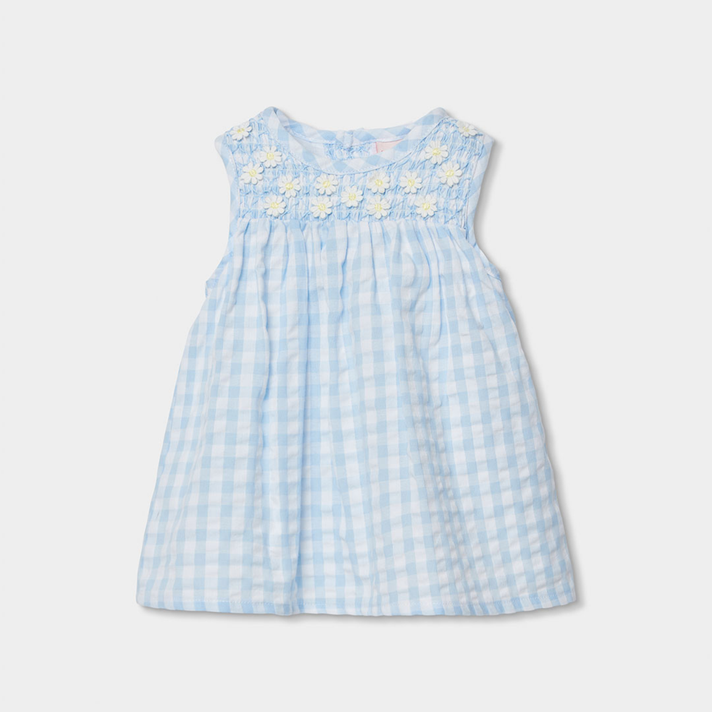 Vestido Vichy Azul com Flores e Tapa-fraldas