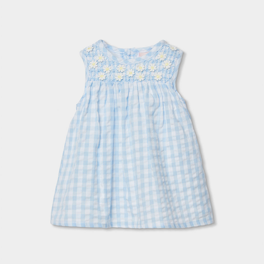 Vestido Vichy Azul com Flores e Tapa-fraldas