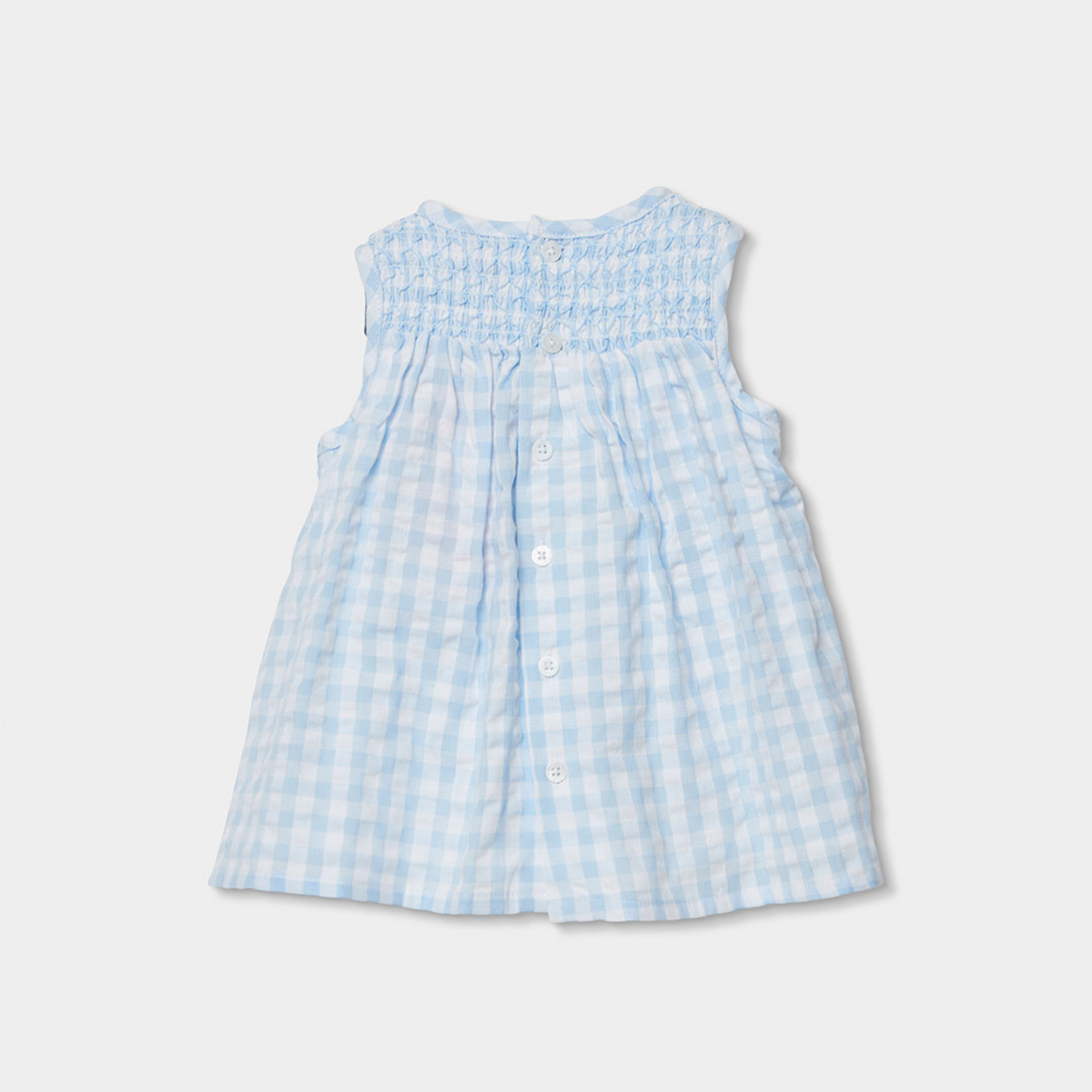 Vestido Vichy Azul com Flores e Tapa-fraldas