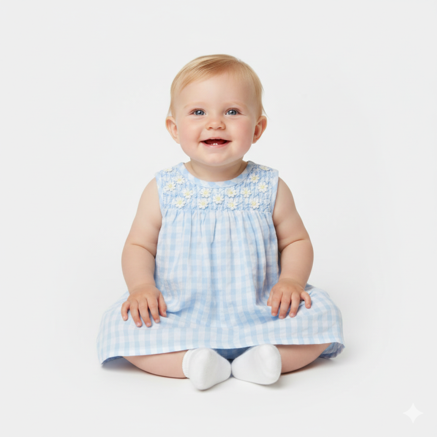 Vestido Vichy Azul com Flores e Tapa-fraldas