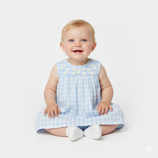 Vestido Vichy Azul com Flores e Tapa-fraldas