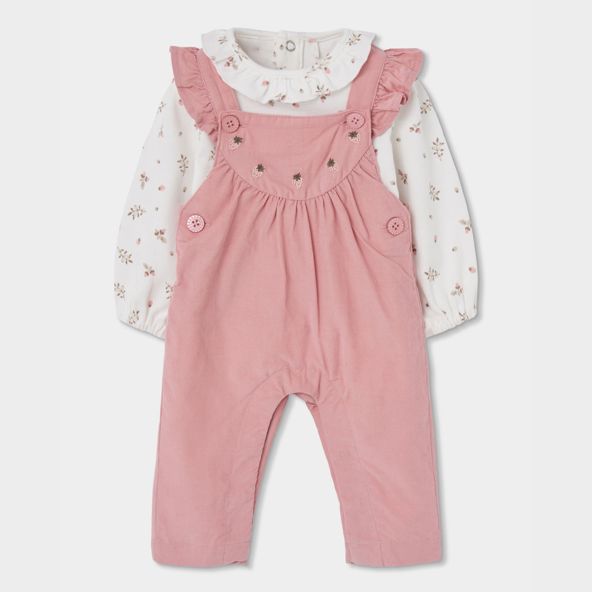 Conjunto Jardineiras e Body Floral com Folhos