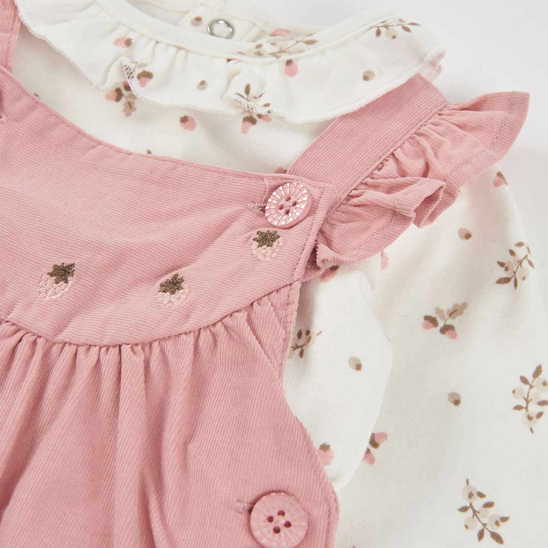 Conjunto Jardineiras e Body Floral com Folhos