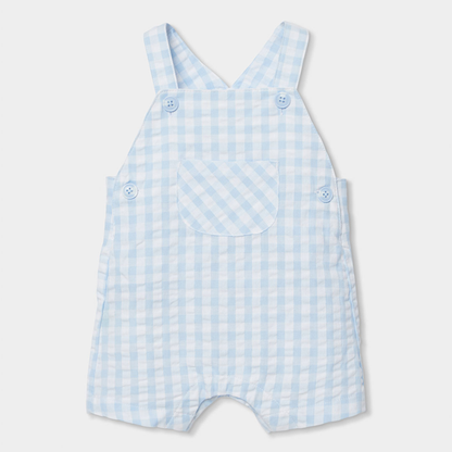 Conjunto de Jardineiras Vichy Azul e Branco e Body